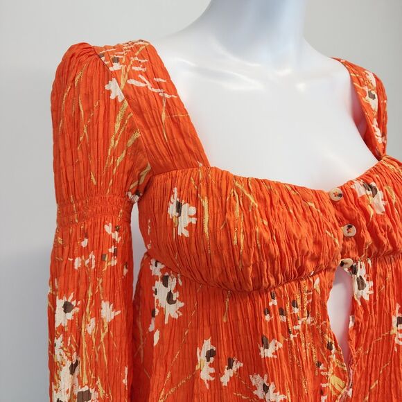 Urban Outfitters Floral Top Size XS Square Neck Orange Long Sleeve Smocked Y2K - Picture 4 of 16